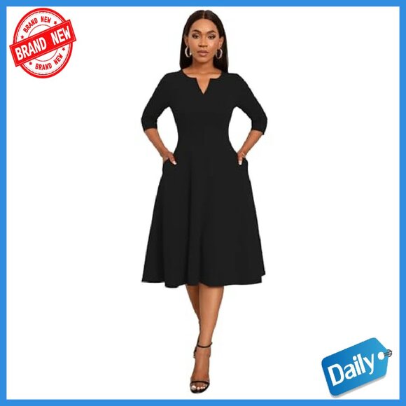 Midi A-Line Fit Flare Dress 3/4 Sleeve V-Neck with Pockets - Picture 4 of 8